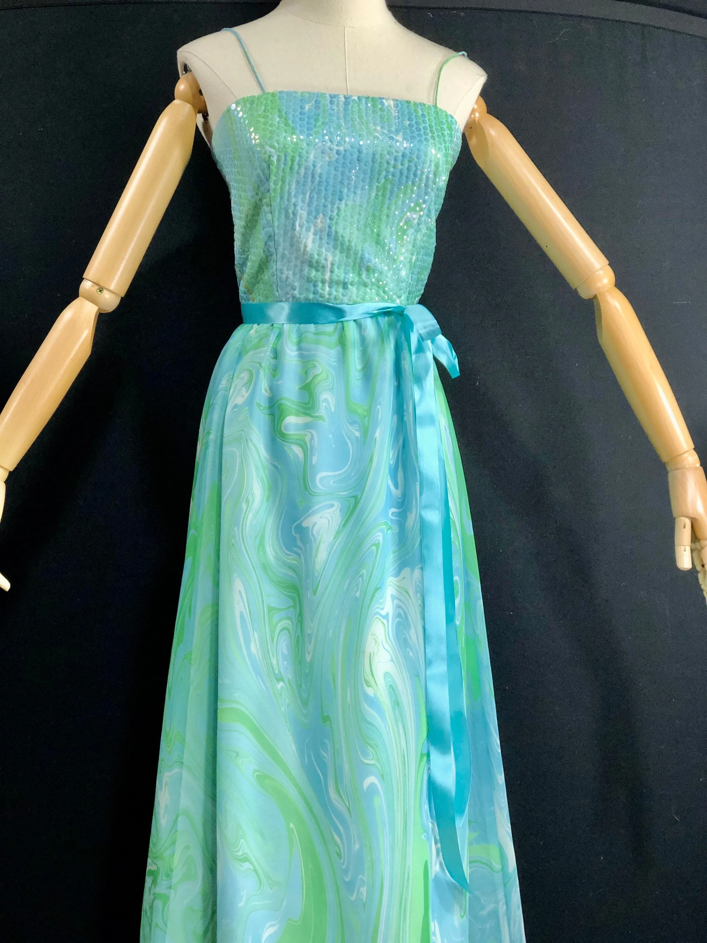 - 60s Evening Dress 60s Vintage Sequin Blue Green Chiffon Gown Cocktail Dress Xsmall 31 Bust 23 Waist by Posh Jay Anderson