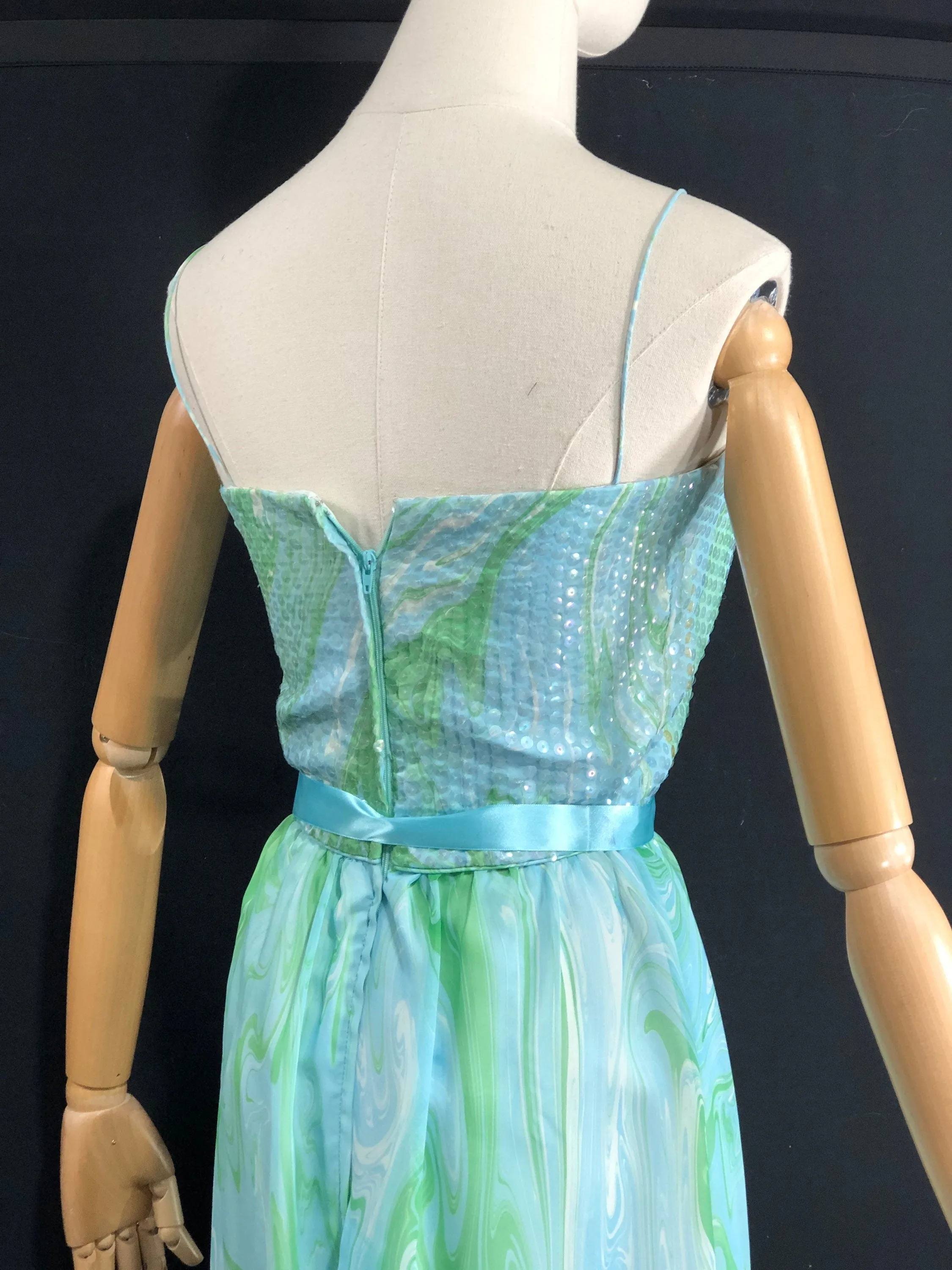 - 60s Evening Dress 60s Vintage Sequin Blue Green Chiffon Gown Cocktail Dress Xsmall 31 Bust 23 Waist by Posh Jay Anderson