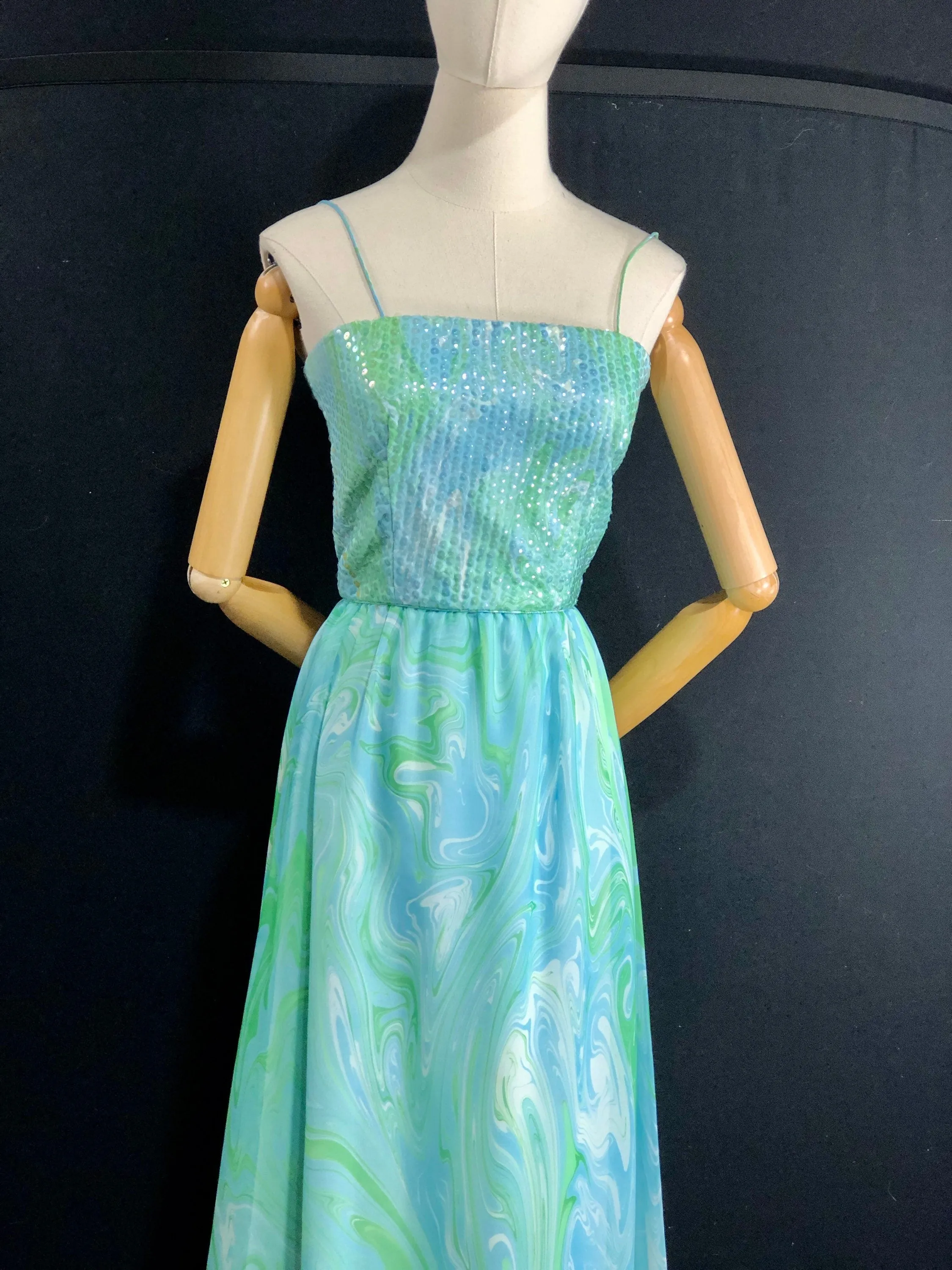 - 60s Evening Dress 60s Vintage Sequin Blue Green Chiffon Gown Cocktail Dress Xsmall 31 Bust 23 Waist by Posh Jay Anderson