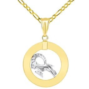 14k Two Tone Gold Open Circle Capricorn Zodiac Sign Pendant Figaro Chain Necklace