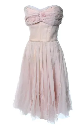 1950s Crinkle Silk Chiffon Vintage Pink Dress Strapless Size 4