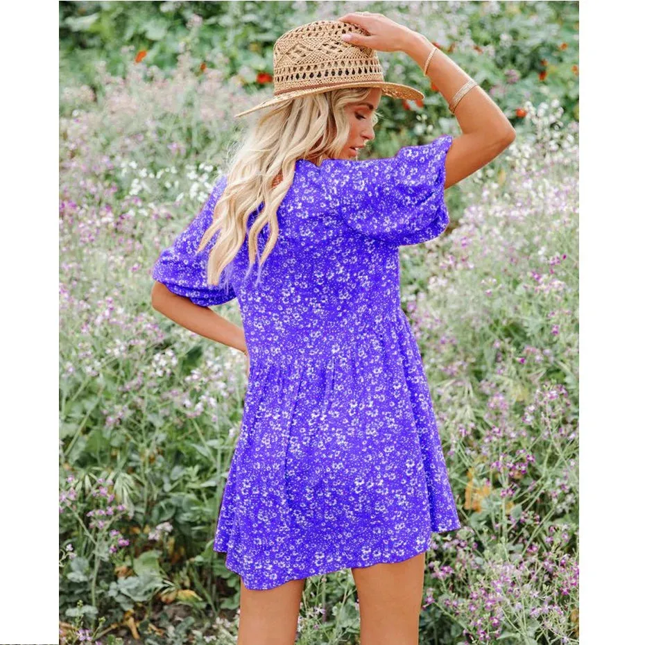 2024 Casual Small Floral Lantern Sleeve for Women Boho Dress