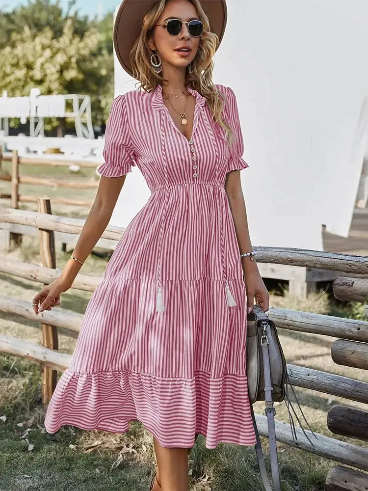 2024 Elegant Striped V-Neck Lantern Sleeve Boho Dress