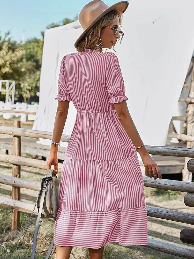 2024 Elegant Striped V-Neck Lantern Sleeve Boho Dress