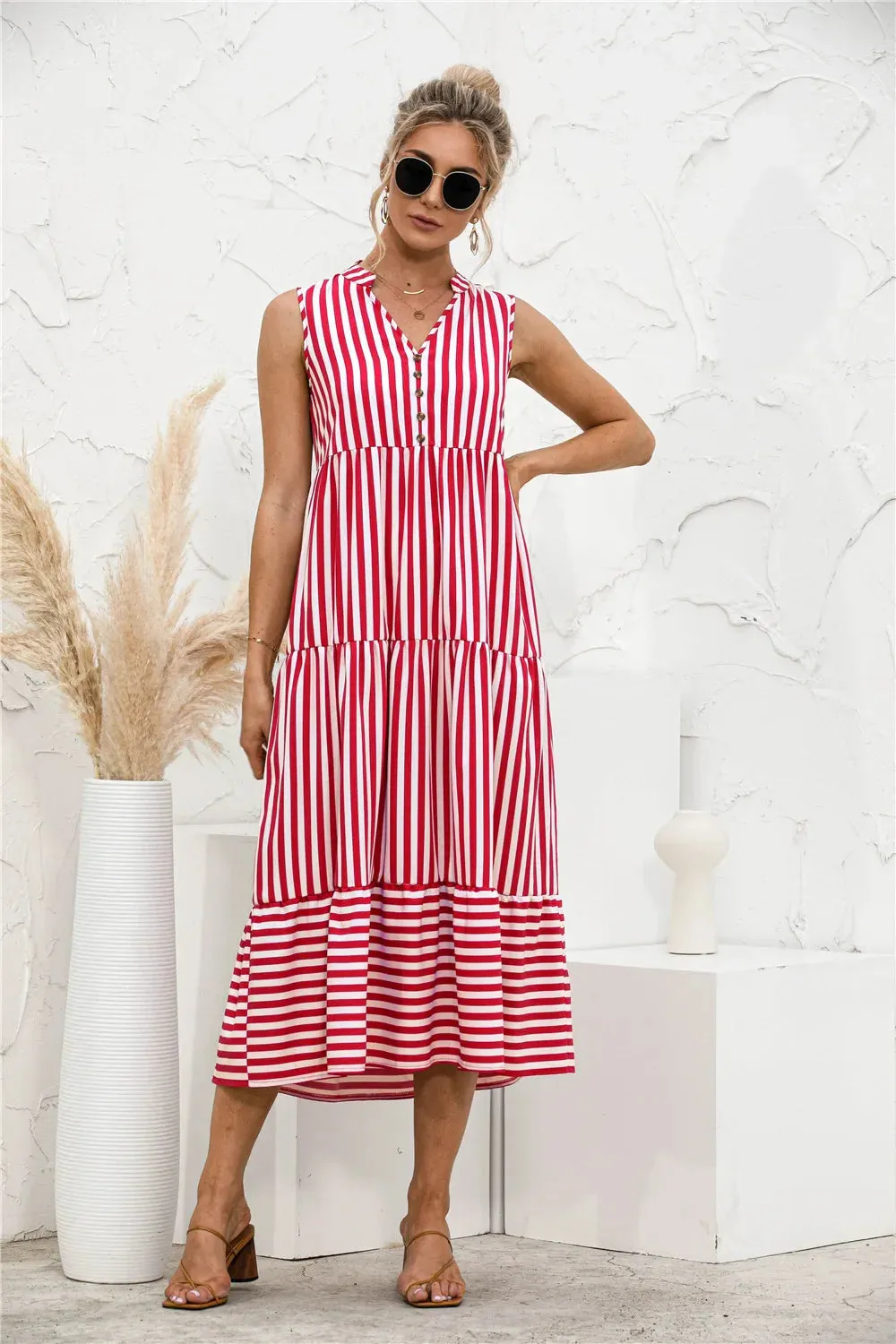 2024 Elegant Striped V-Neck Lantern Sleeve Boho Dress