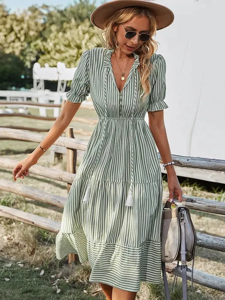 2024 Elegant Striped V-Neck Lantern Sleeve Boho Dress