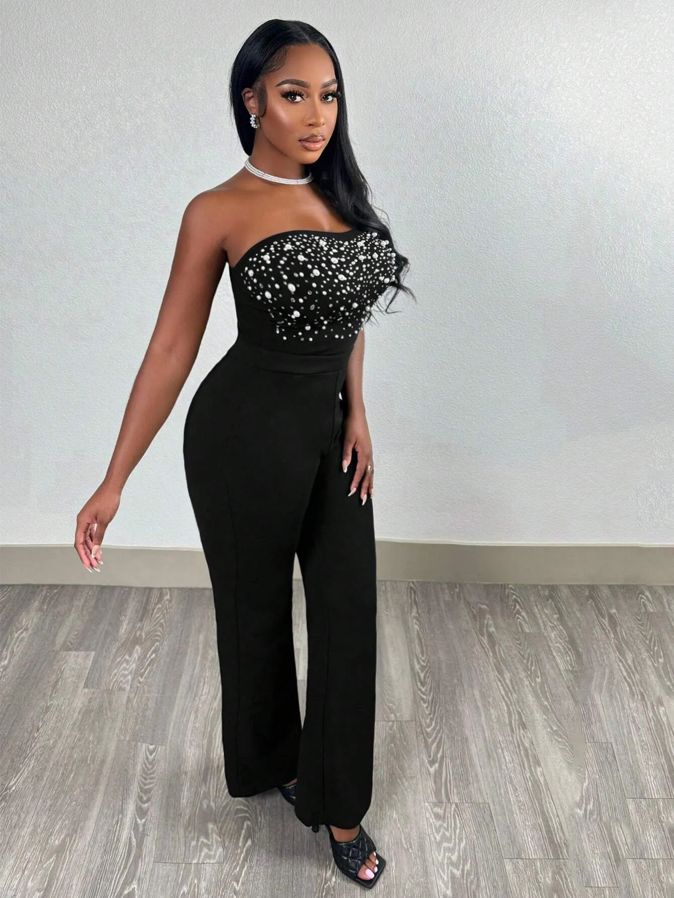 2024 New Elegant Sexy Black Sleeveless Sheer Net Sequin Beaded Splicing Jumpsuit For Date & Vacation