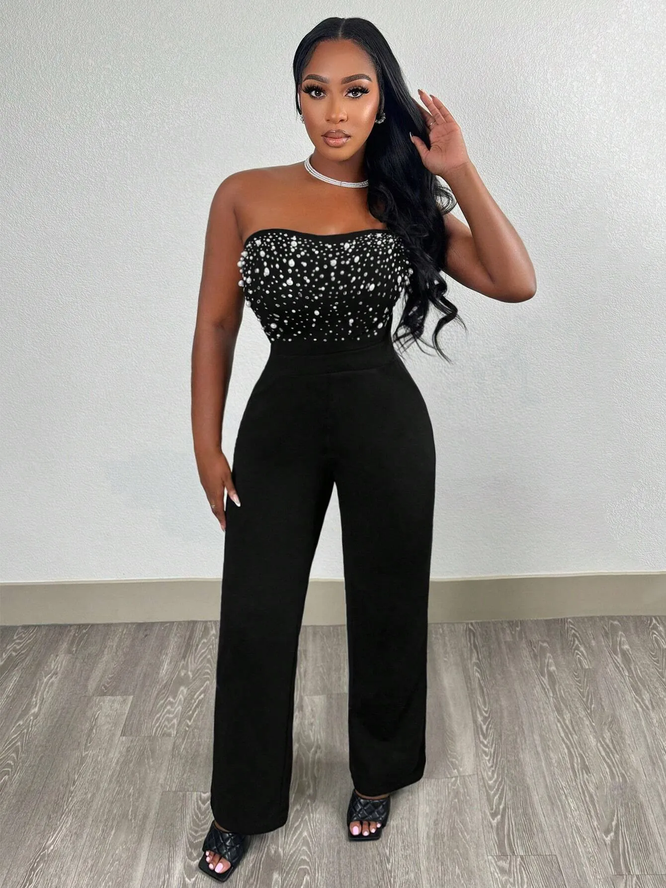 2024 New Elegant Sexy Black Sleeveless Sheer Net Sequin Beaded Splicing Jumpsuit For Date & Vacation