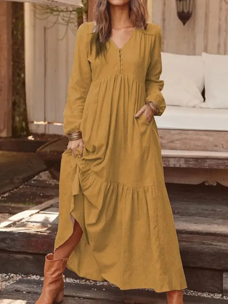 2024 Retro Solid Color Maxi Cotton Boho Dress for Women