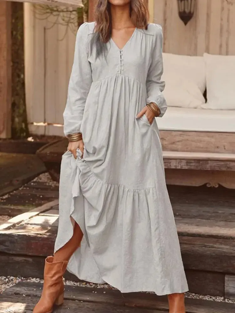 2024 Retro Solid Color Maxi Cotton Boho Dress for Women