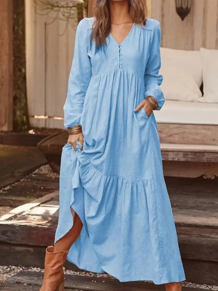 2024 Retro Solid Color Maxi Cotton Boho Dress for Women