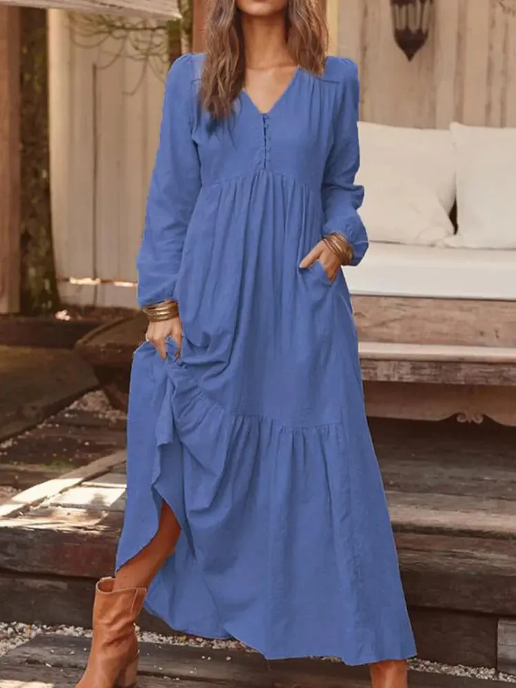 2024 Retro Solid Color Maxi Cotton Boho Dress for Women