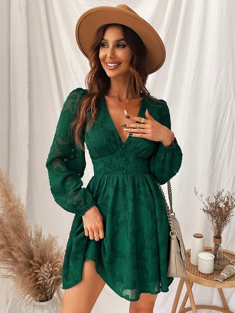 2024 Sexy Long Sleeve Green Plunge A-Line Mini Boho Dress