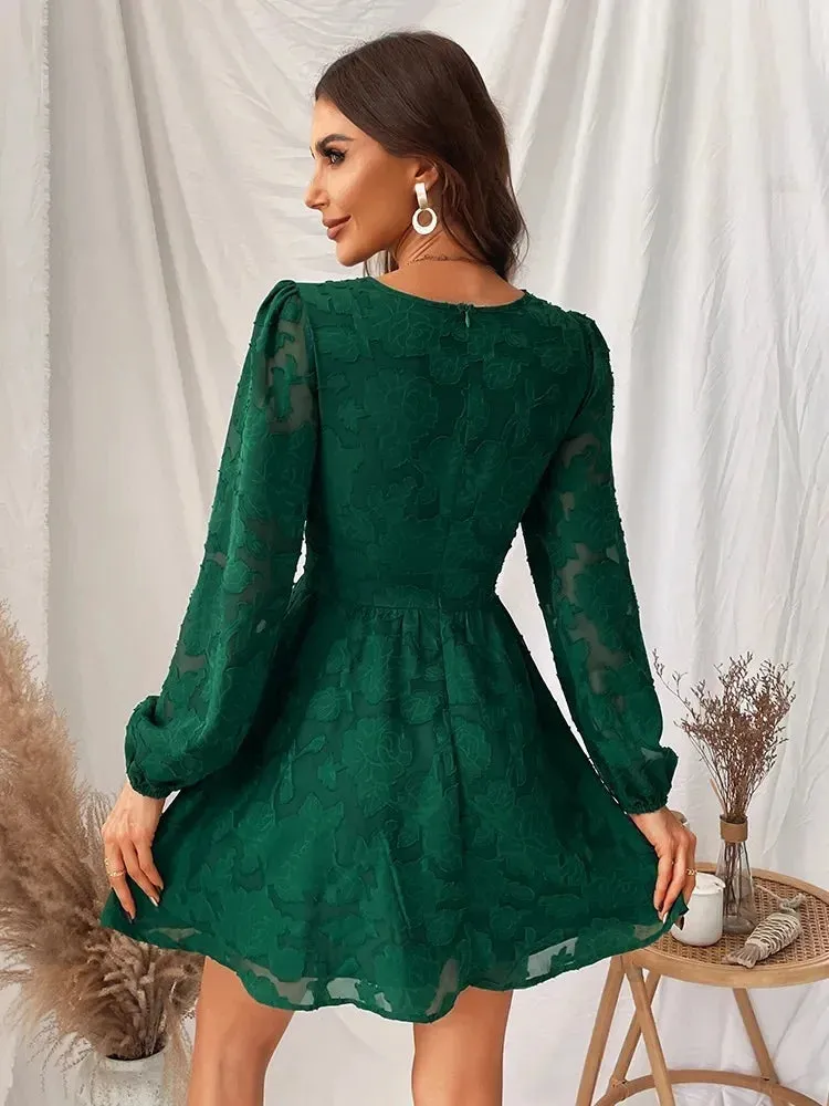 2024 Sexy Long Sleeve Green Plunge A-Line Mini Boho Dress