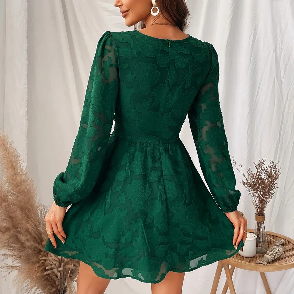 2024 Sexy Long Sleeve Green Plunge A-Line Mini Boho Dress