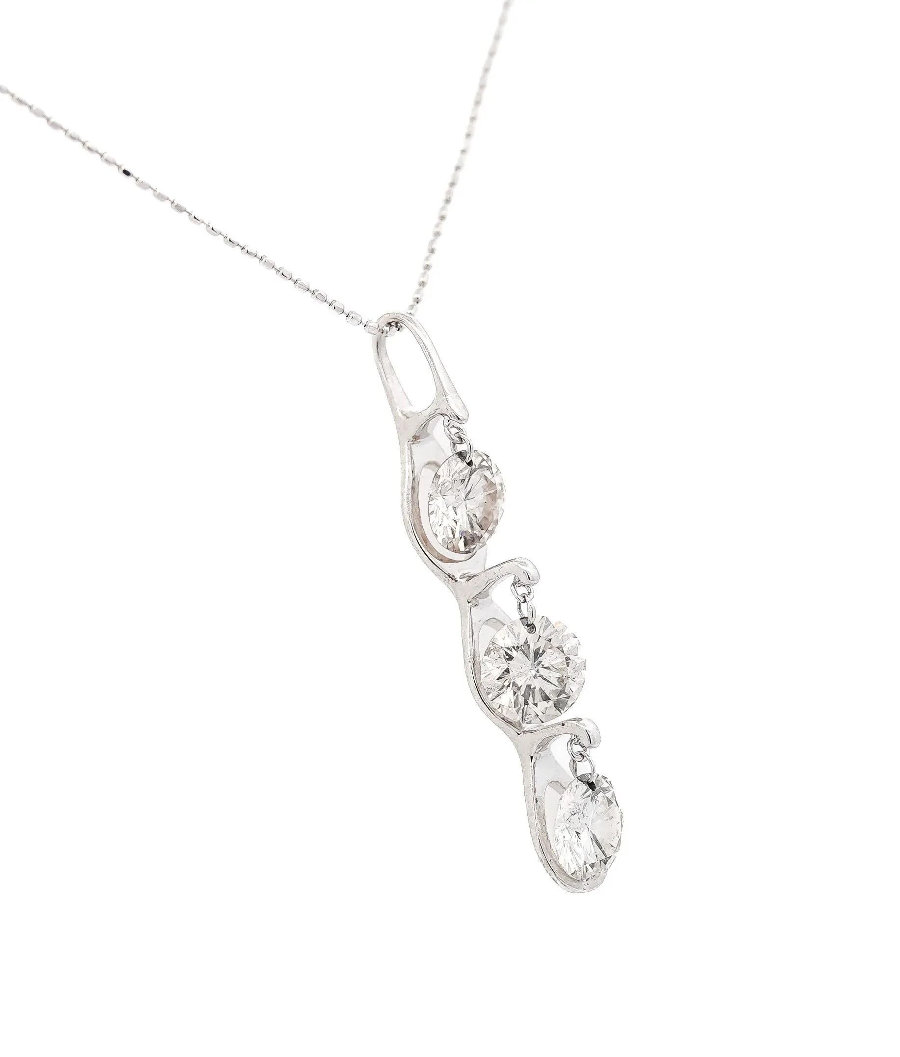 3.38 Carat 3 Stone Diamond Dangle Pendant Necklace in 18K White Gold