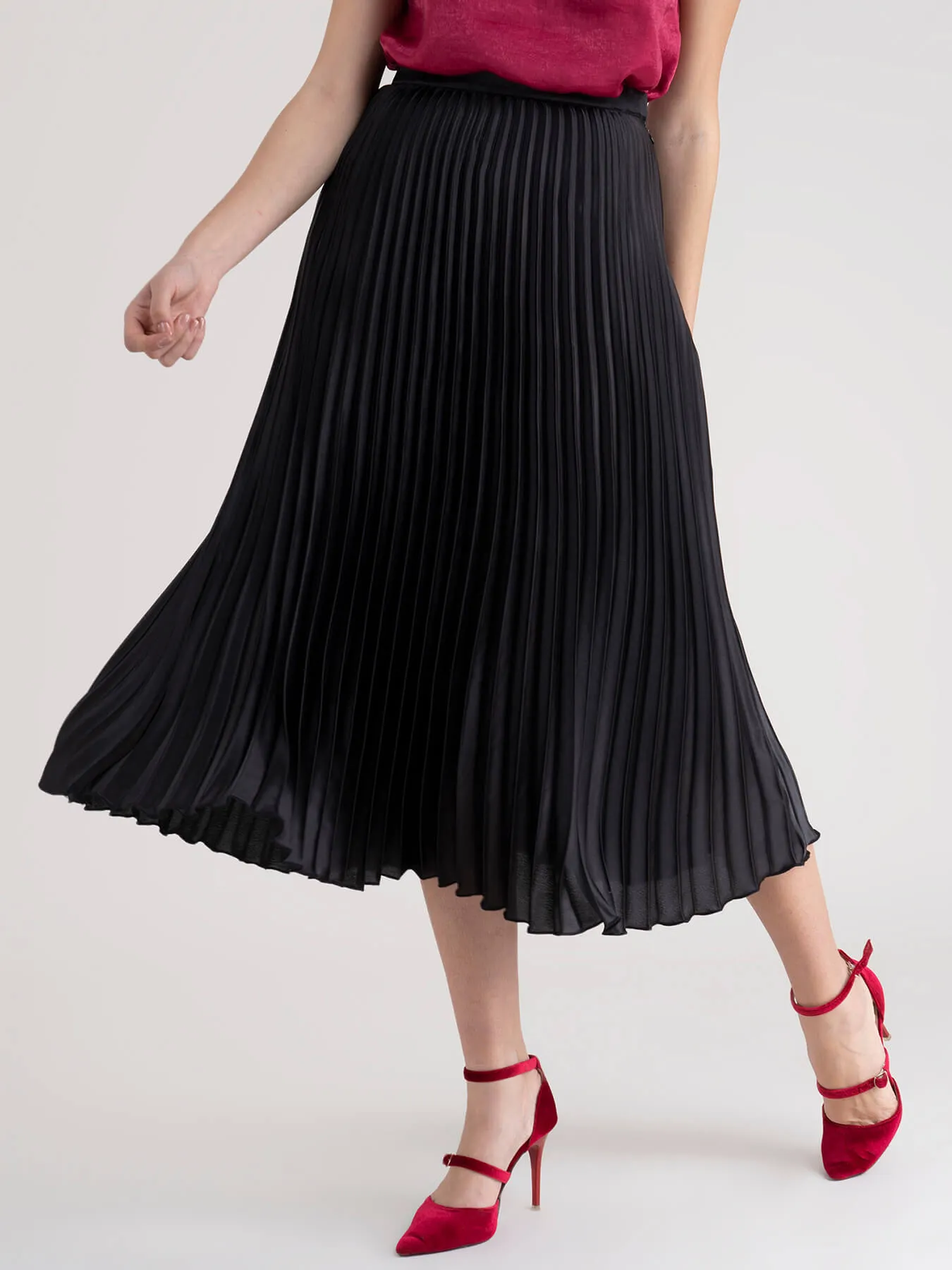 Accordion Pleated Satin Skirt - Black