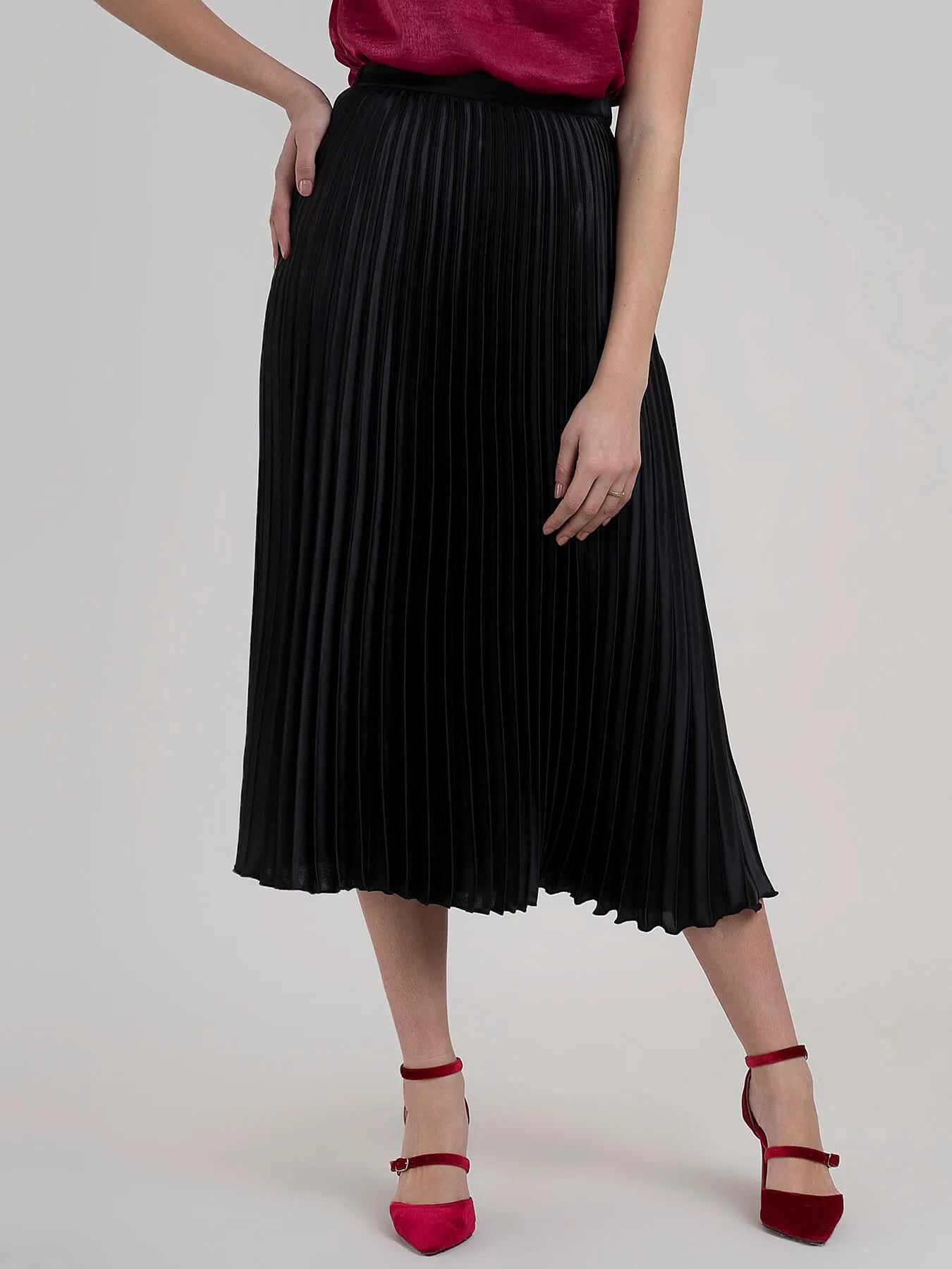 Accordion Pleated Satin Skirt - Black