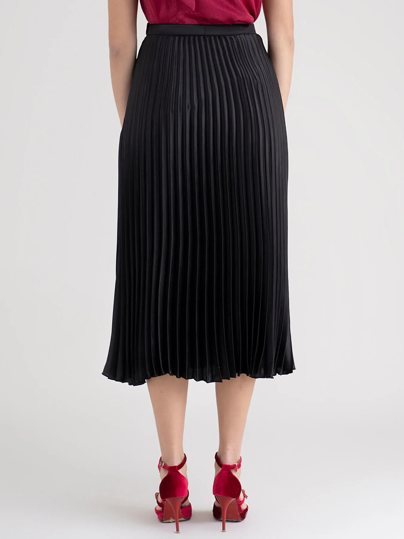 Accordion Pleated Satin Skirt - Black