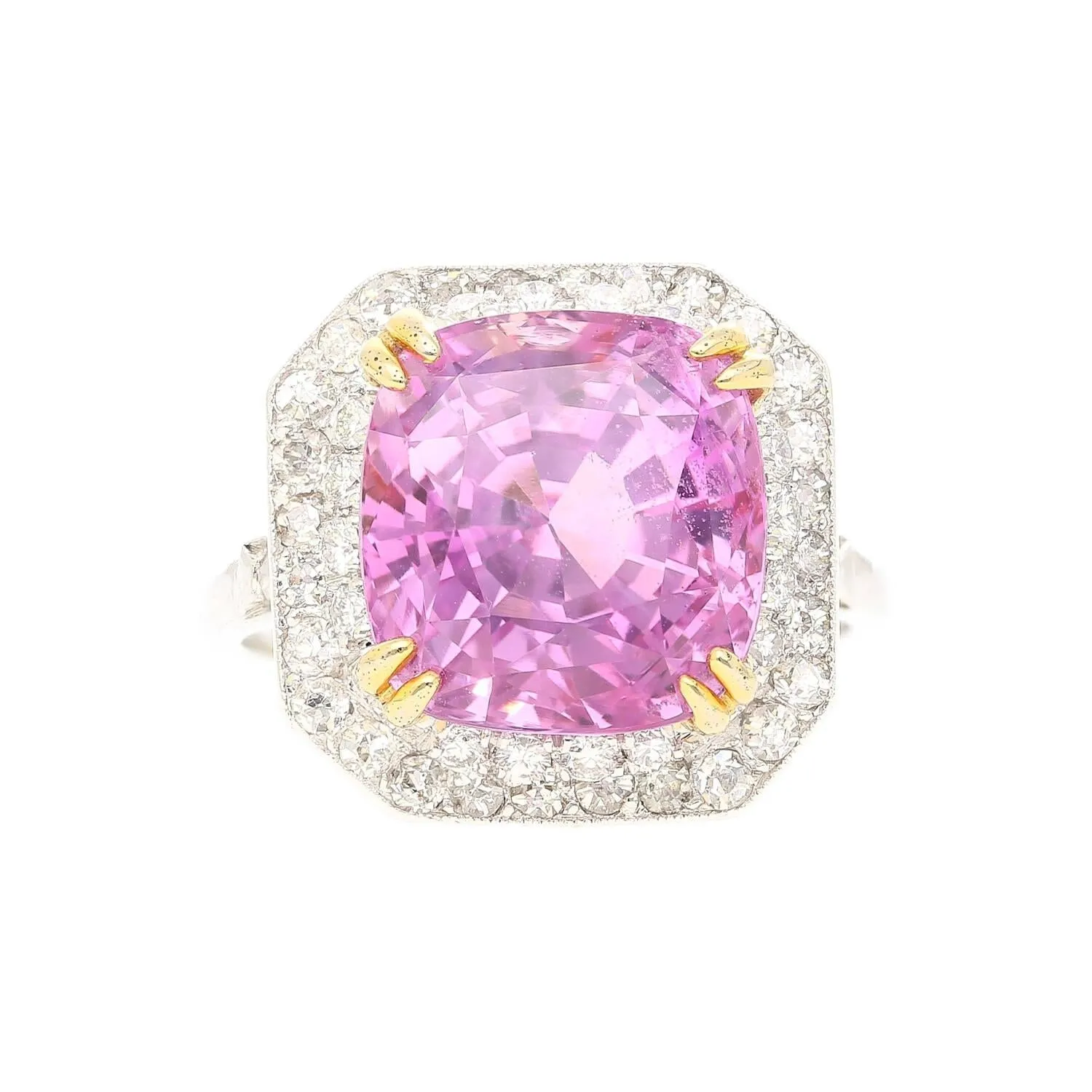 AGL Certified 10.88 Carat Cushion Cut Pink Sapphire & Diamond Halo Ring