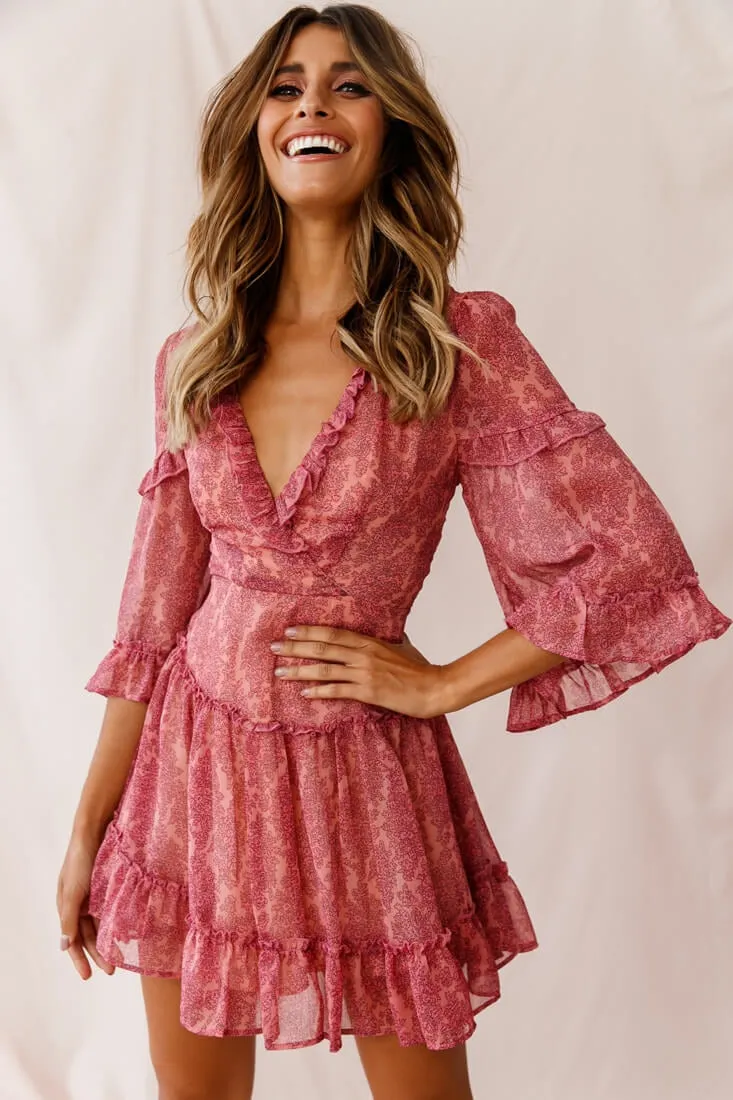 Albany Lace Up Back Frill Dress Pink