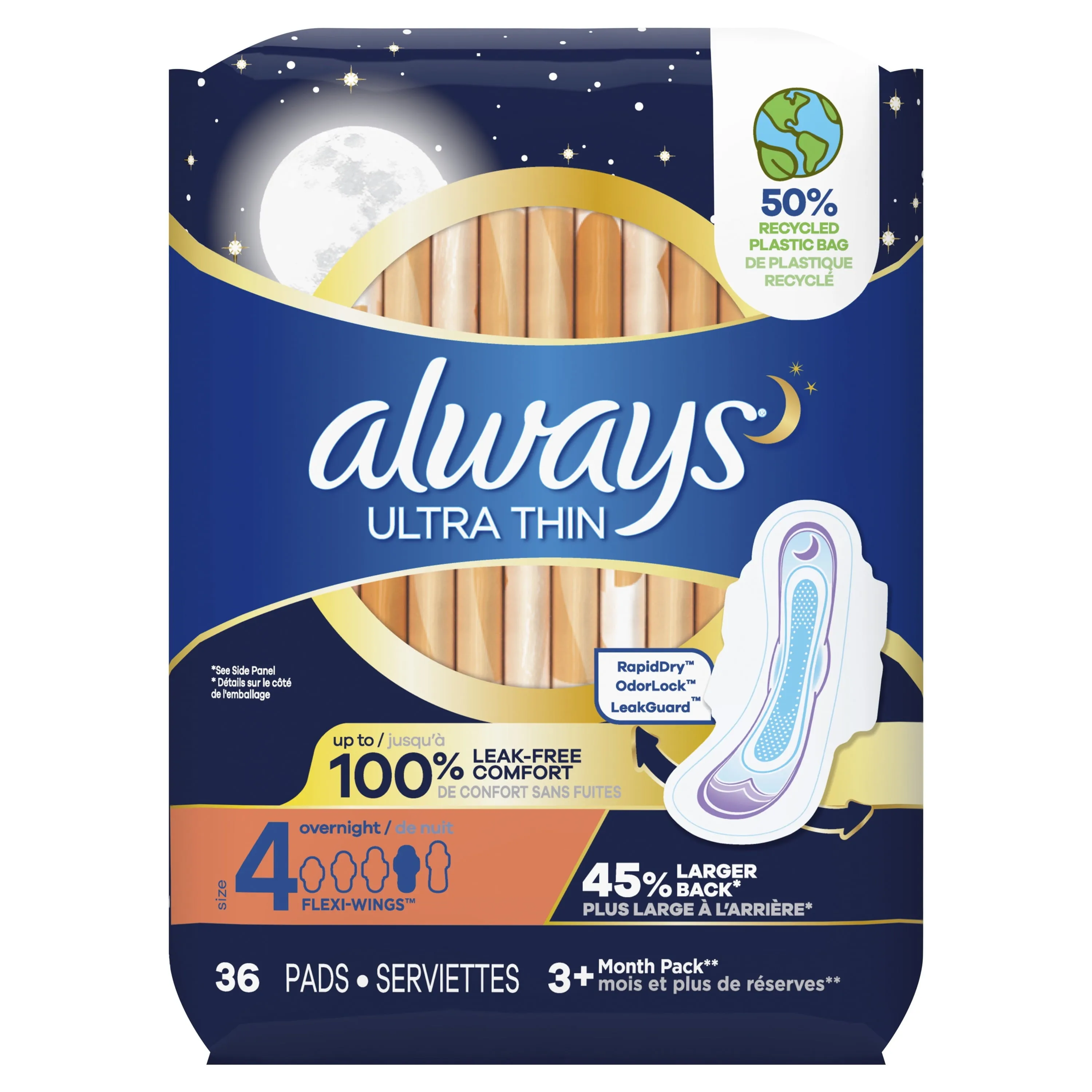 Always Ultra Thin Overnight Pads with Wings, Size 4, Overnight Absorbency, 36 Count