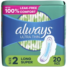 Always Ultra Thin Pads with Wings, Size 2, Long Super Absorbency, 20 CT