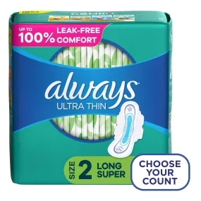 Always Ultra Thin Pads with Wings, Size 2, Long Super Absorbency, 42 Count