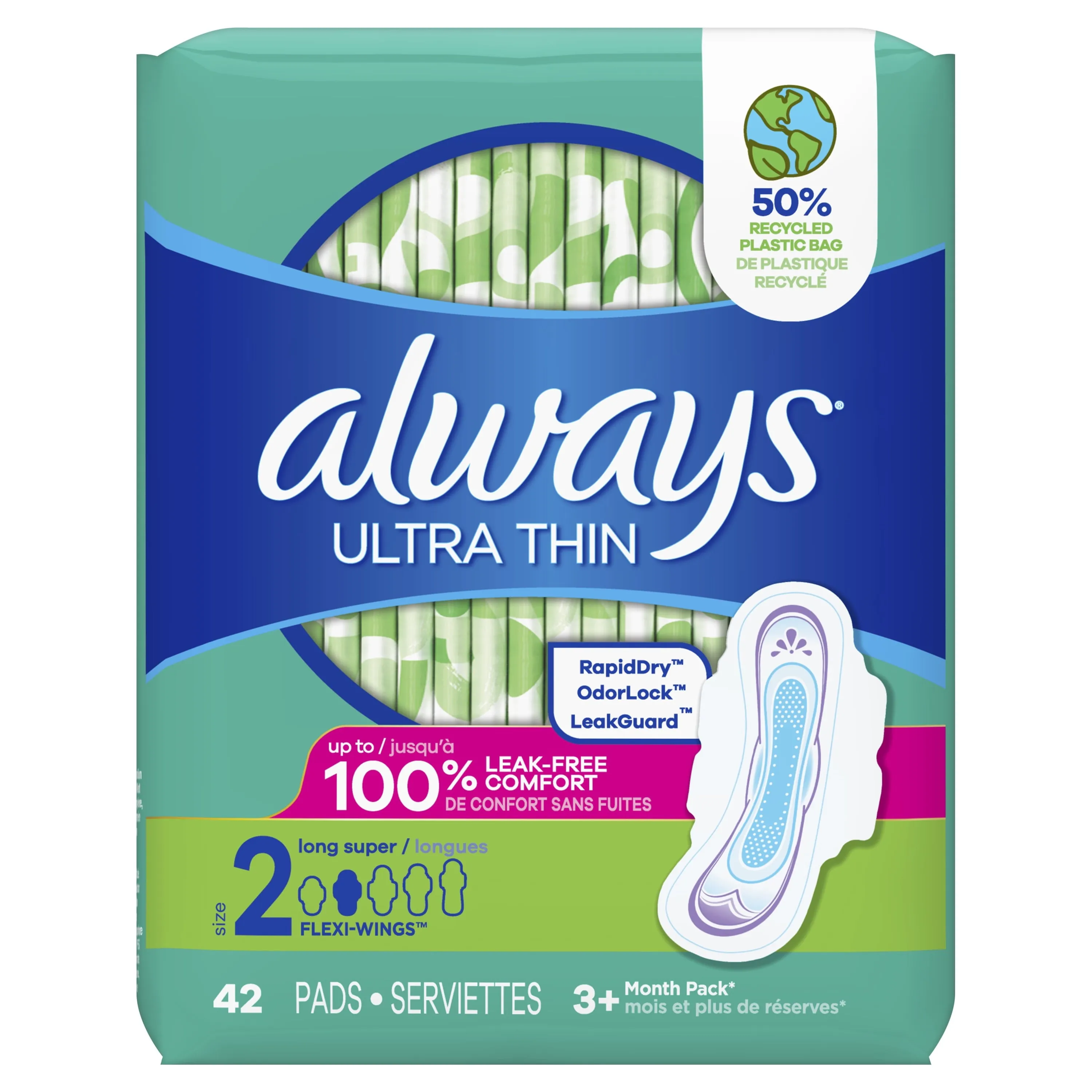 Always Ultra Thin Pads with Wings, Size 2, Long Super Absorbency, 42 Count