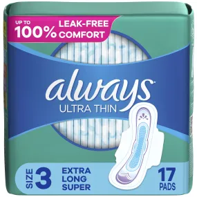 Always Ultra Thin Pads with Wings, Size 3, Extra Long Super Absorbency, 17 CT