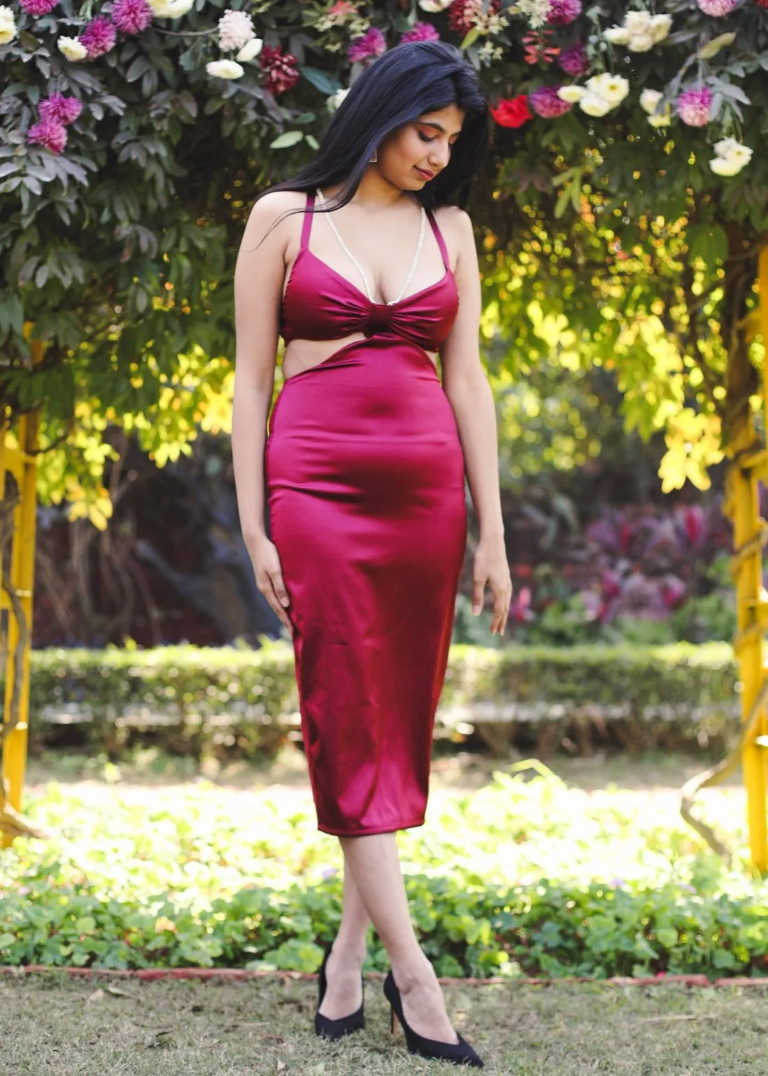 Andromeda Burgundy Satin Cutout Midi Dress