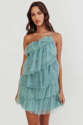 Arrabel Tiered Ruffle Mesh Mini Dress Sage