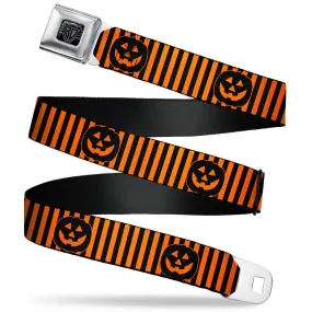 BD Wings Logo CLOSE-UP Black/Silver Seatbelt Belt - Jack-o'-Lantern Pumpkin Stripe Orange/Black Webbing