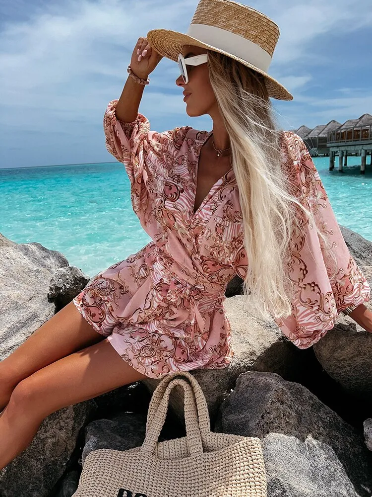 Beach Vacation Lantern Sleeve Romper