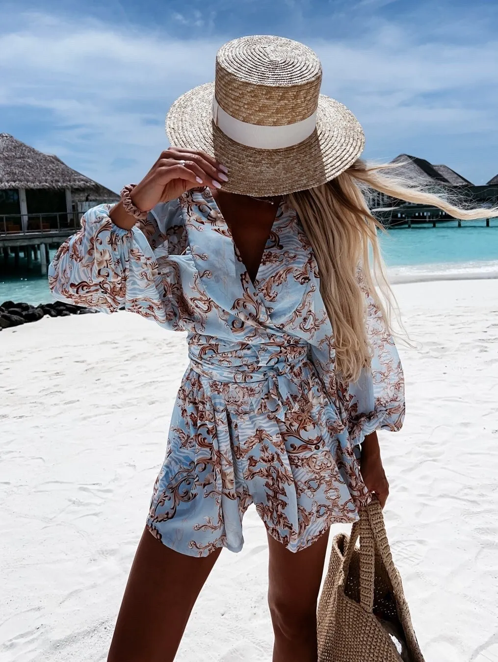 Beach Vacation Lantern Sleeve Romper