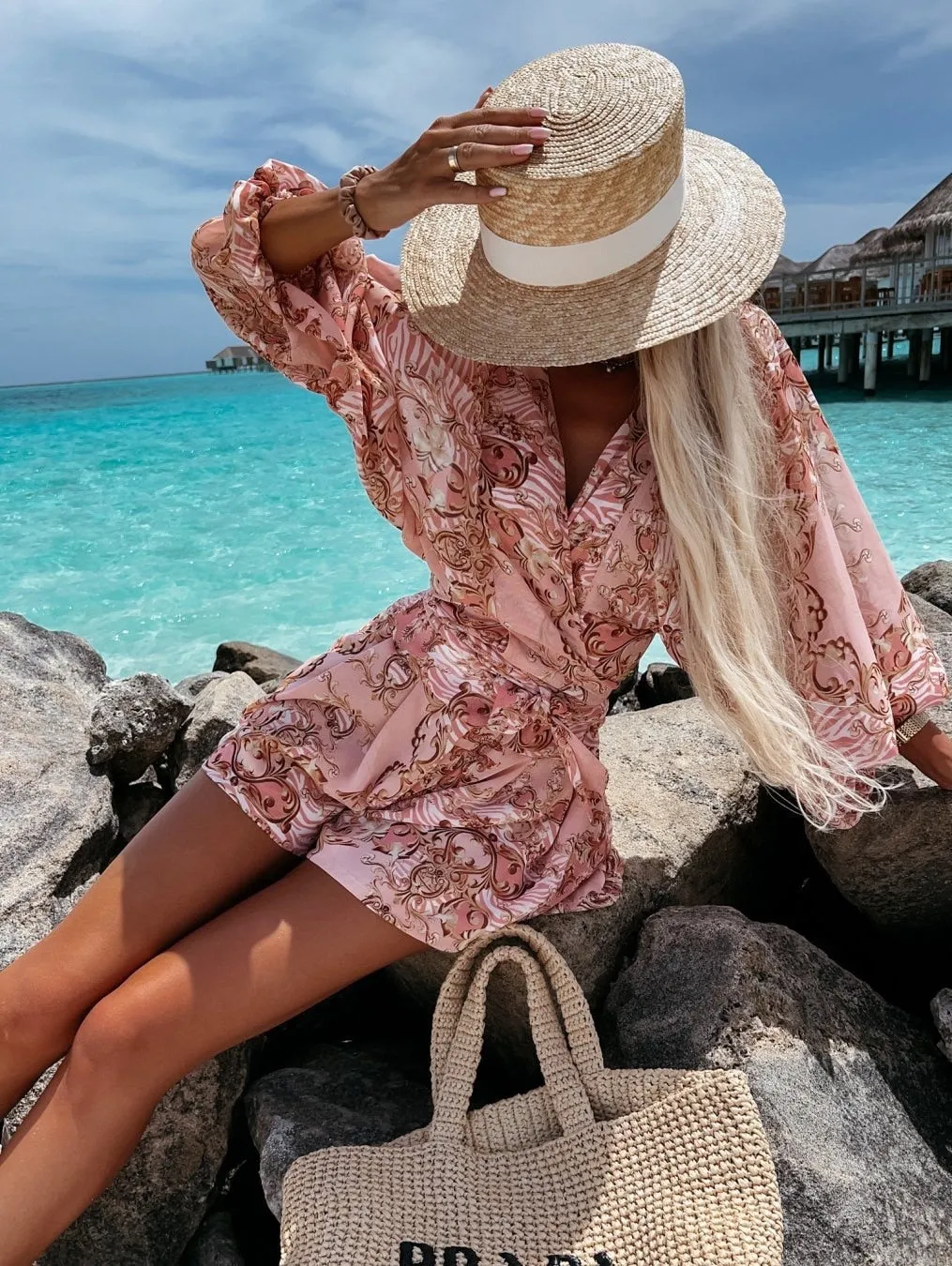 Beach Vacation Lantern Sleeve Romper