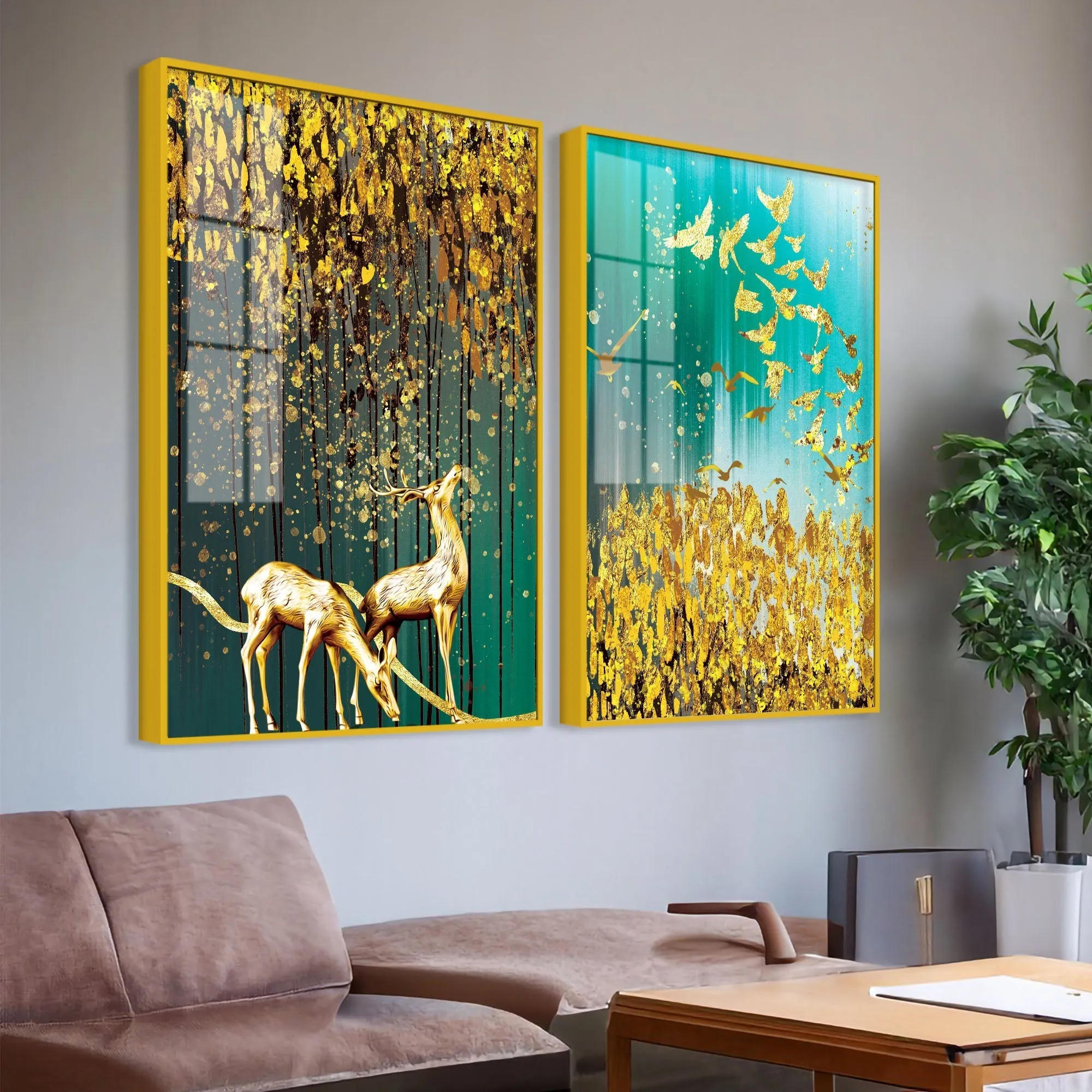 Beautiful Golden Birds and Deer Acrylic Floating Wall Painting Set Of 2