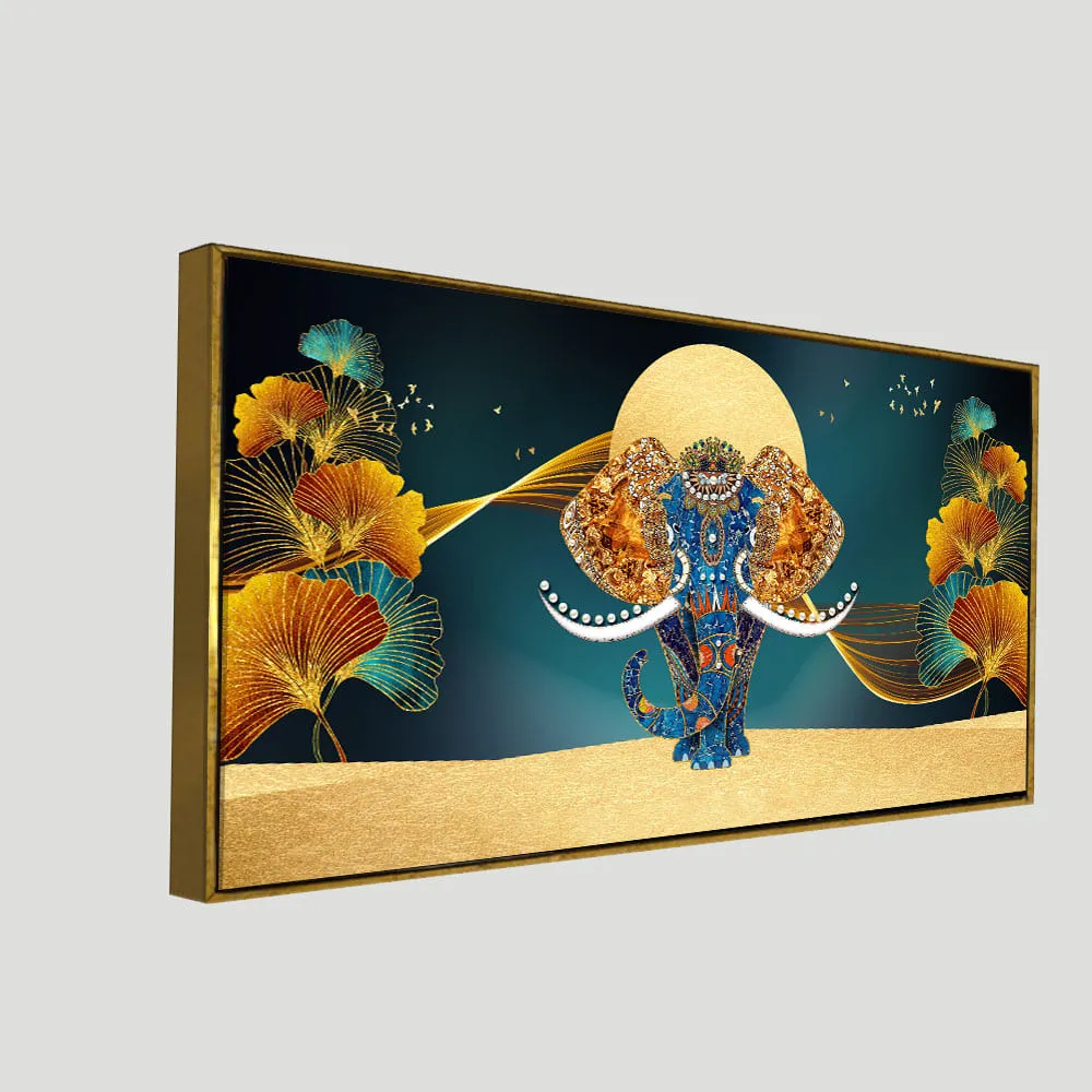 Beautiful Golden Flowers with Elephant Premium Canvas Wall Painting