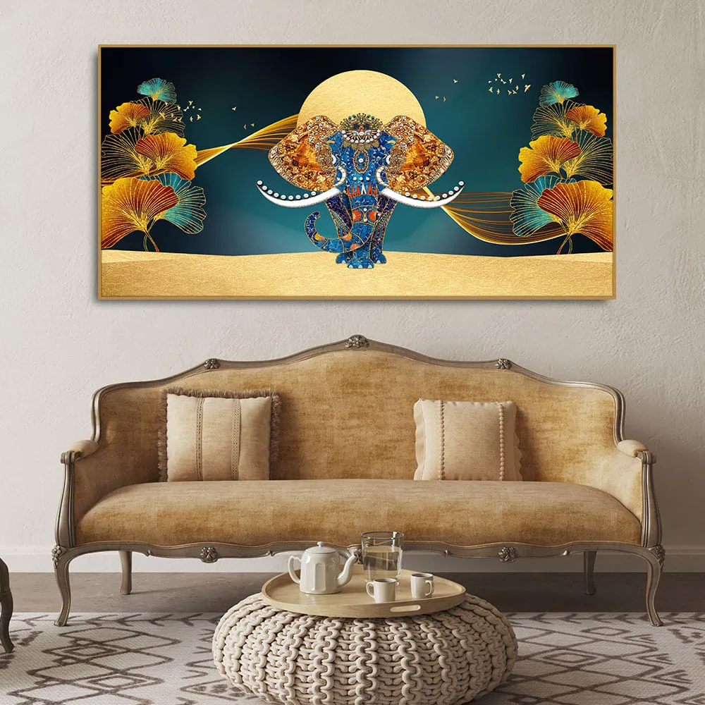 Beautiful Golden Flowers with Elephant Premium Canvas Wall Painting