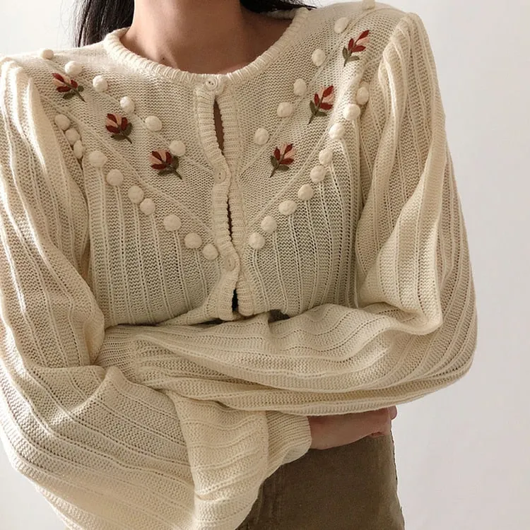 Beige Sweet Gentle Hook Floral Lantern-Sleeved Girls Knitted Korea Cute Chic Free Simple Fresh Cardigans Sweaters