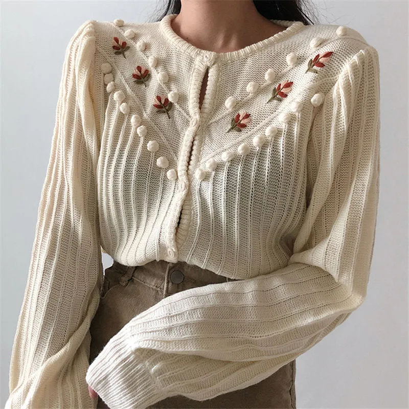 Beige Sweet Gentle Hook Floral Lantern-Sleeved Girls Knitted Korea Cute Chic Free Simple Fresh Cardigans Sweaters