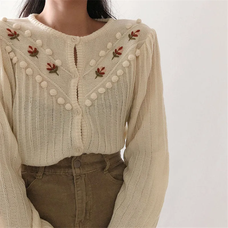 Beige Sweet Gentle Hook Floral Lantern-Sleeved Girls Knitted Korea Cute Chic Free Simple Fresh Cardigans Sweaters