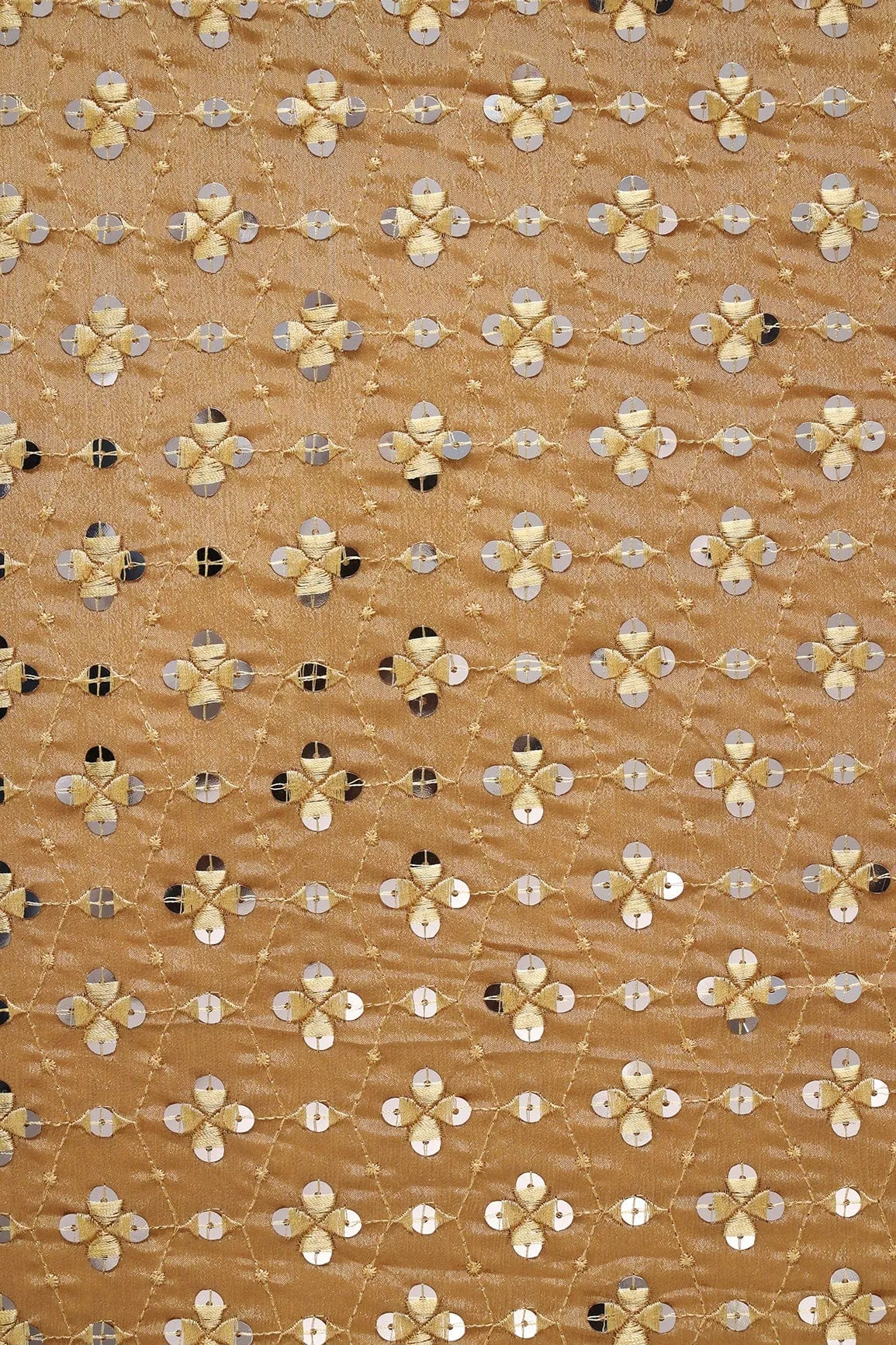 Beige Thread With Sequins Geometric Embroidery Work On Merigold Yellow Chinnon Chiffon Fabric