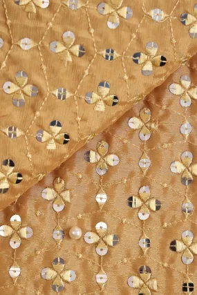 Beige Thread With Sequins Geometric Embroidery Work On Merigold Yellow Chinnon Chiffon Fabric