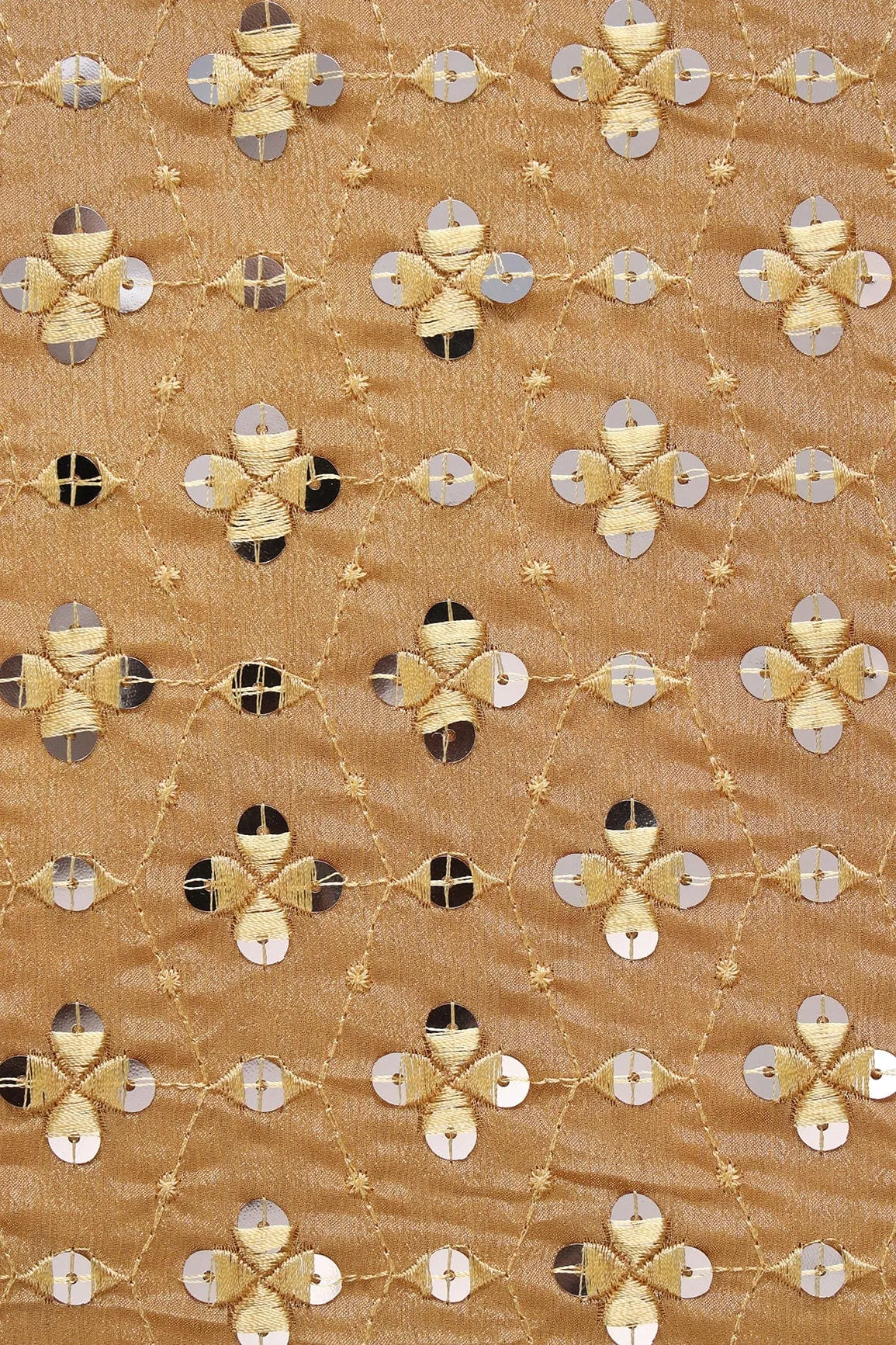 Beige Thread With Sequins Geometric Embroidery Work On Merigold Yellow Chinnon Chiffon Fabric