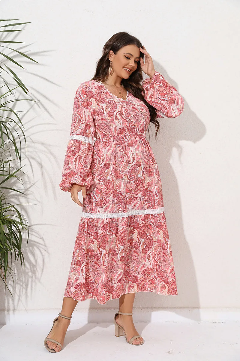 BerriesJam - 2024 V Neck Bohemia Lace Patchwork Lantern Sleeve Dress