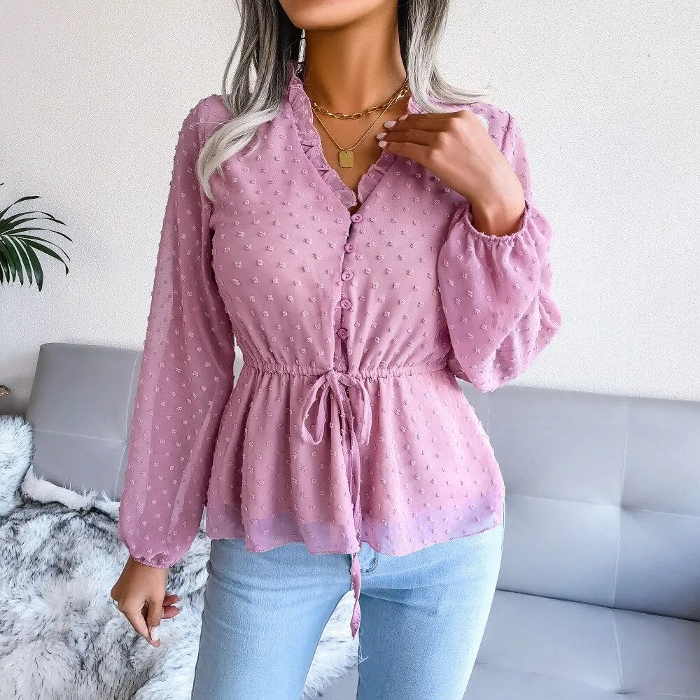 BerriesJam - 2024 V Neck Lantern Sleeve Casual Solid Color Chiffon Blouse