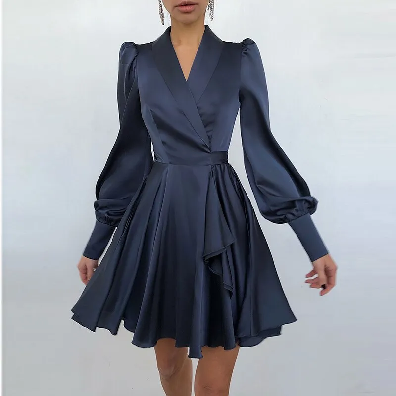 BerriesJam - 2024 V-Neck Satin Elegant Lantern Sleeve A-Line Club Party Dress