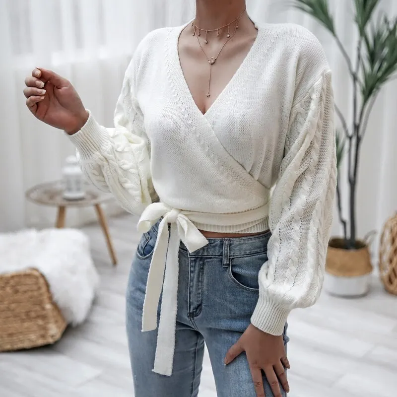 BerriesJam - 2024 V Neck Solid Color Twist Lantern Long Sleeve Knit Sweater