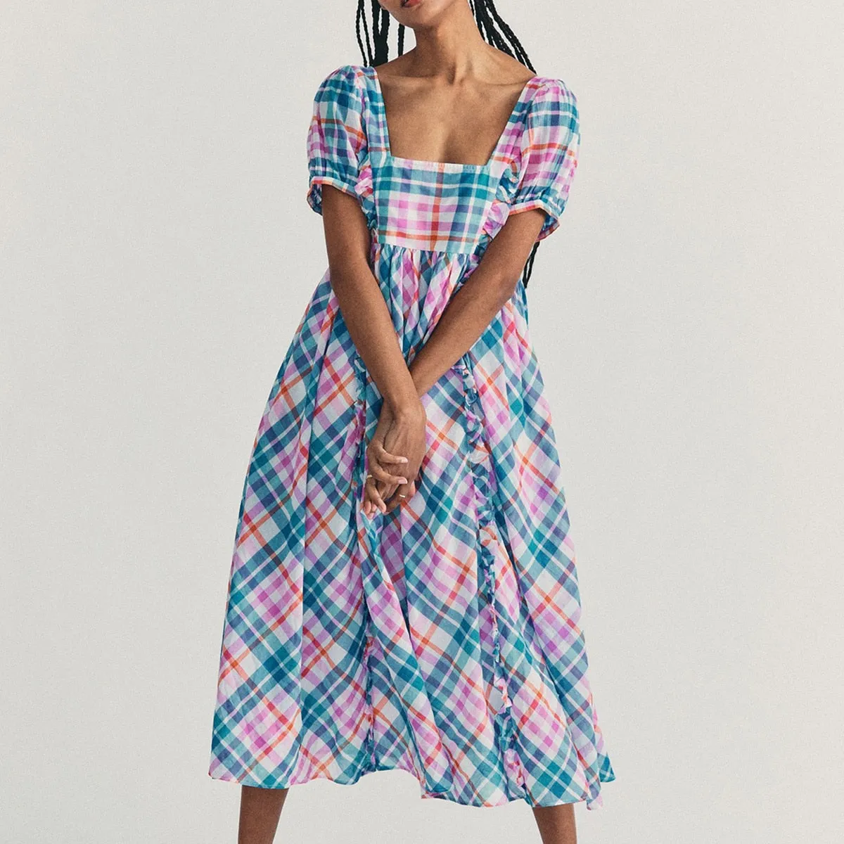 BerriesJam - 2024Plaid Pattern Square Neck Lantern Sleeve Maxi Dress